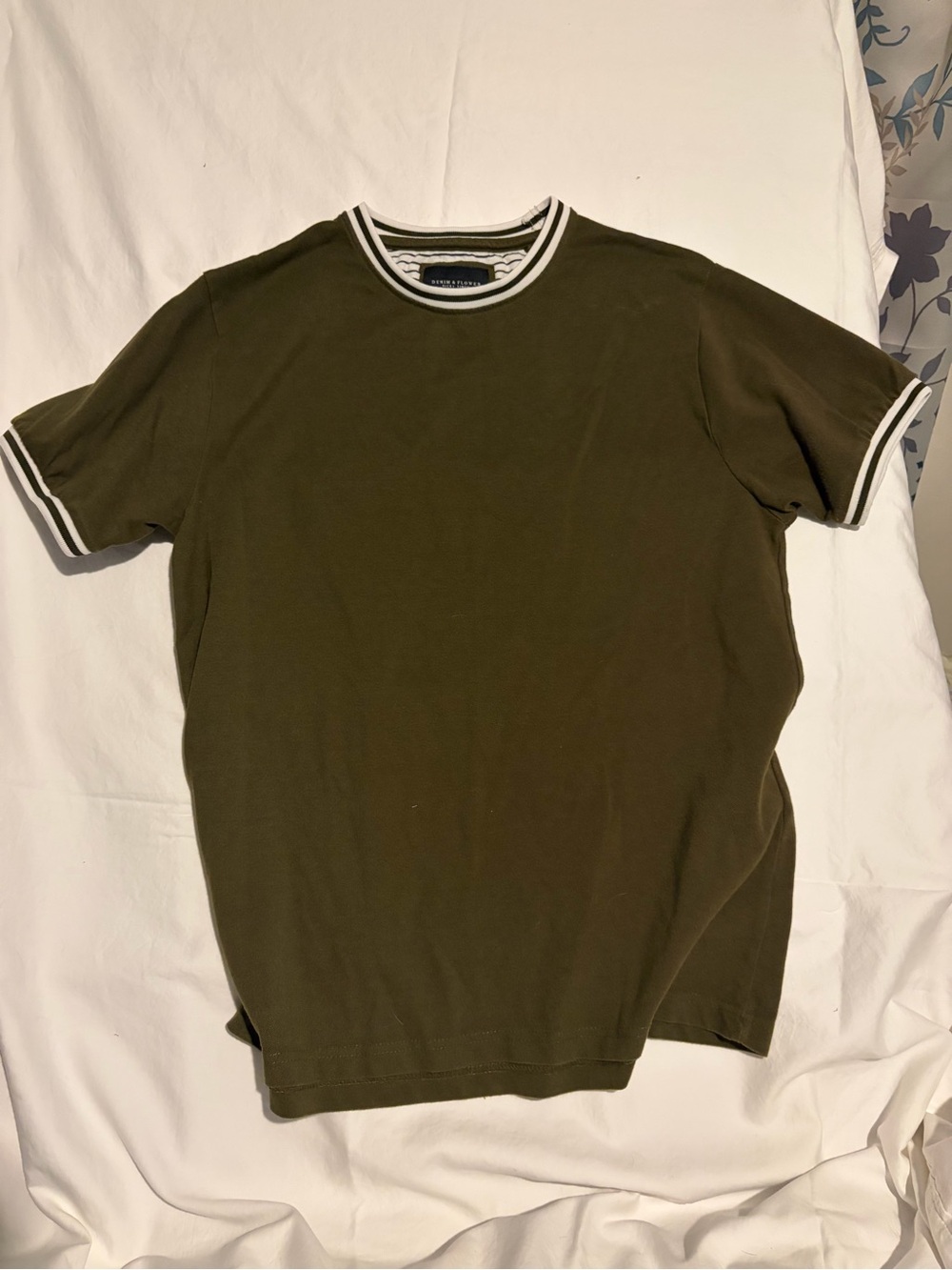 Denim & Flower Olive Green Short Sleeve Tee with Striped Ringer Trim